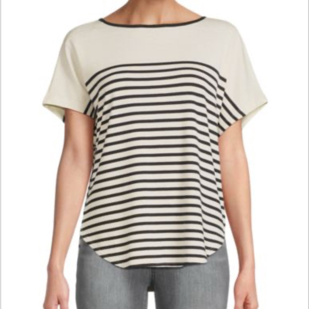 Max Studio Striped Short Sleeve Tee in Black and Cream